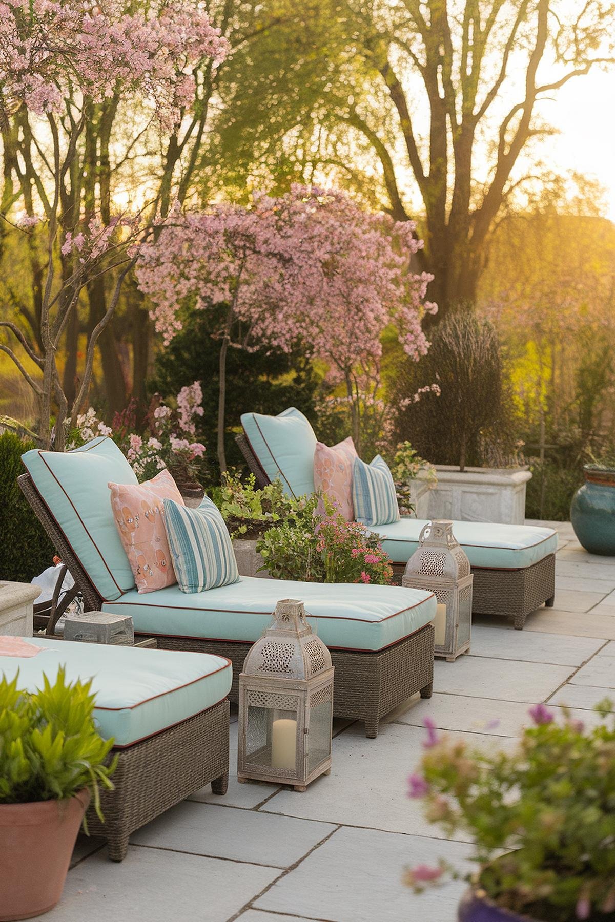 Spring Home decorations Outdoor patio with cushioned loungers, blooming trees, and lanterns at sunset. Perfect relaxation spot in spring garden.