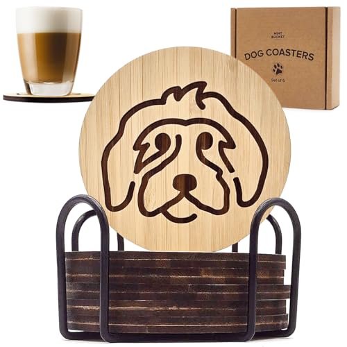 Dog-themed wood coasters set with holder, featuring latte glass and packaging in background. Ideal for pet lovers.