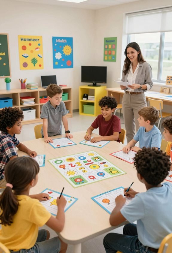 Children engaged in a classroom activity with a teacher, learning shapes and colors at a round table.