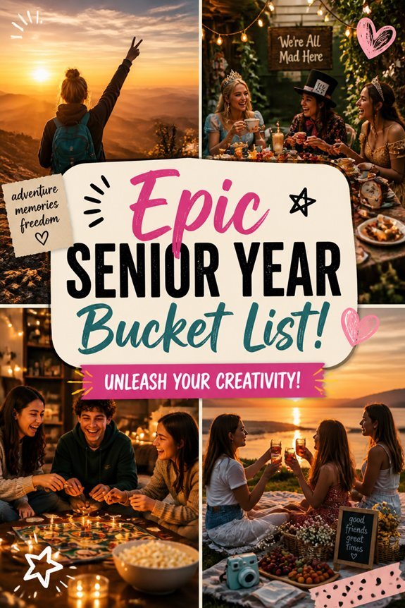 Collage highlighting an epic senior year bucket list with adventure, friendship, and creativity themes.